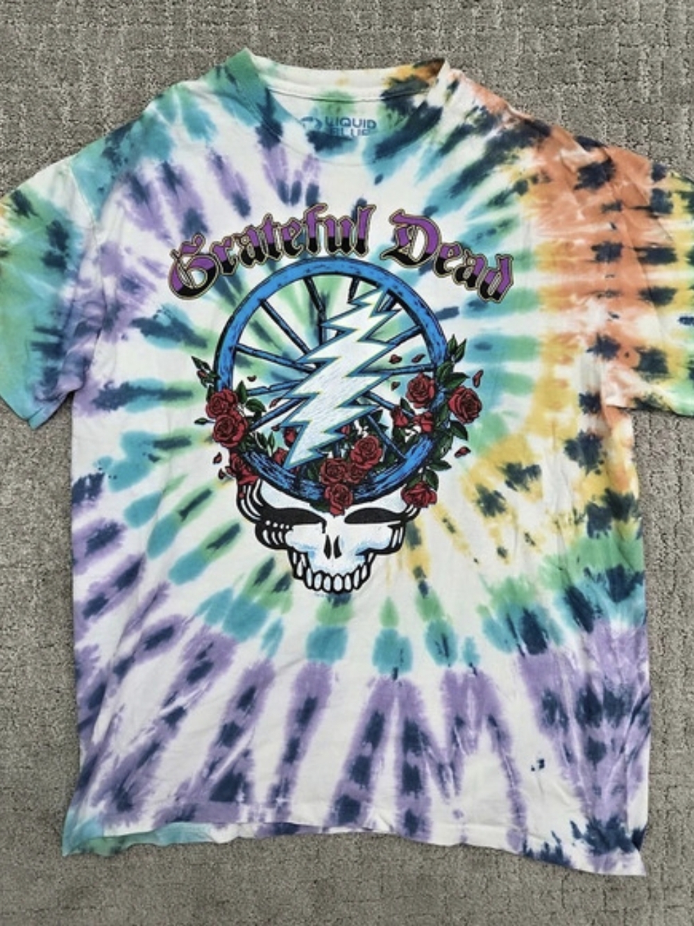Vintage Y2K Liquid Blue Grateful Dead Roses and Bolt Tie Dye T-Shirt Large